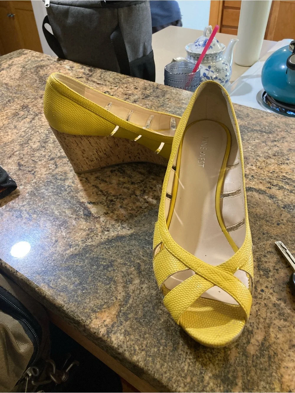 Nine West Yellow Textured Cork Wedge Peep-Toe Heels